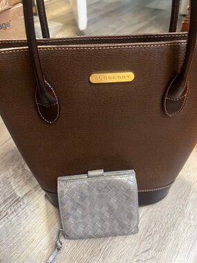 Burberry Brown Leather Tote with Silver Woven Wallet